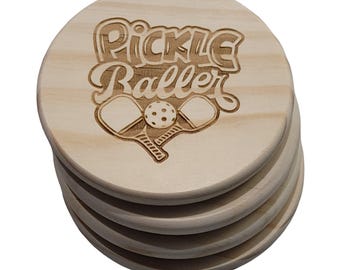 Set of 4 Etched Wood Pickleball Coasters, "Pickleballer"