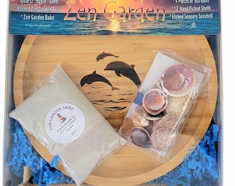 Beach Zen Garden, Sensory Toy with Crystal Sand, Shells, and Etched Bamboo Tray