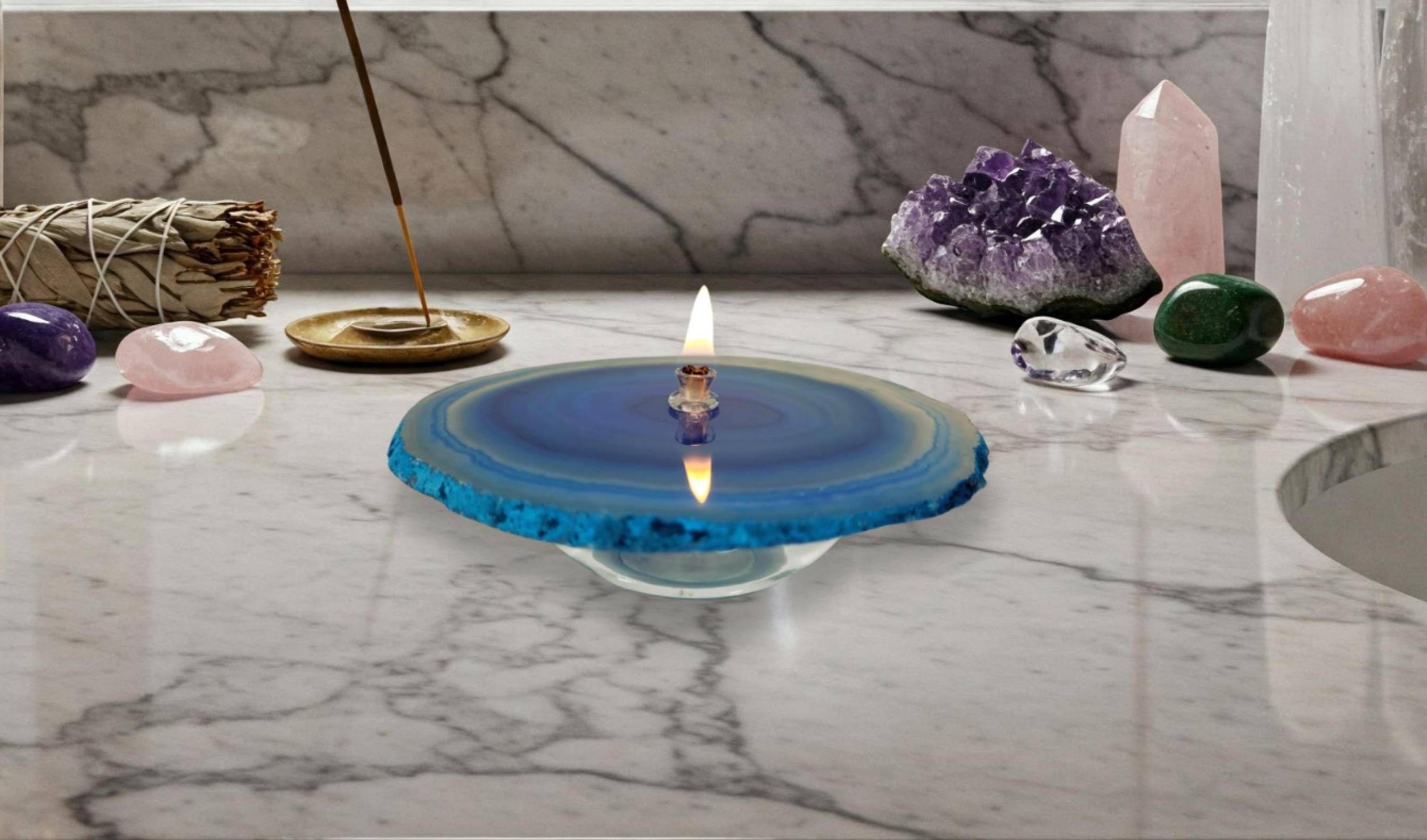 Teal Oil Lamp Agate Forever Wick Candle for relaxation gift for friend with gift box