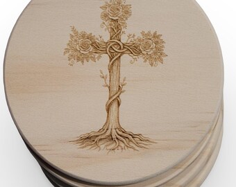 Cross with Roots, Coasters, Etched, Set of 4, Wood for Protecting Surfaces, Rooted Cross