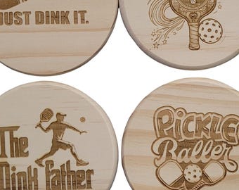 Pickleball Coasters Set of 4, Laser Etched Wood Drink Coasters, Pickleball Gift for Players, Rustic Bar Decor, Housewarming Gift