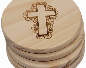 Flower Cross | Coasters | Etched | Set of 4 | Cork or Wood