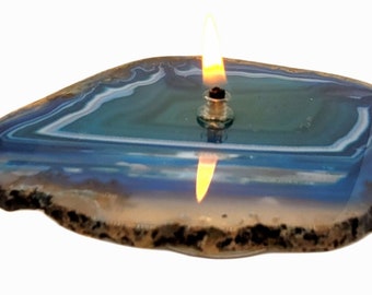 Agate Candle Teal Handmade Rock Candle, FREE Starter Kit w/ natural lamp oil, Agate Oil Candle Lamp, Oil Lamp, Rock Oil Candle, Geode