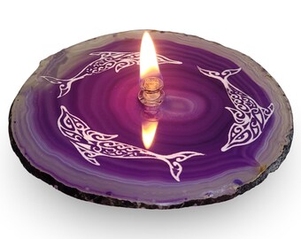 Dolphin Agate Candle - Purple - Etched  - Rare A+ Quality  Gemstone Candle, Forever Wick