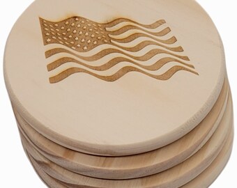 USA Flag | Coasters | Etched | Set of 4 | Cork or Wood