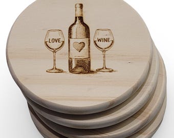 Love Wine , Coasters, Etched with Wine bottle and glasses design, Set of 4, Wood for Protecting Surfaces, Wine Gifts