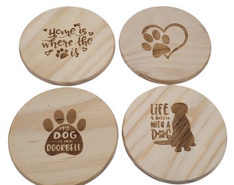 Dogs | Coasters | Etched | Set of 4 | Cork or Wood