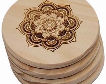 Mandala | Coasters | Etched | Set of 4 | Cork or Wood