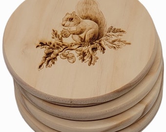 Squirrel | Coasters | Etched | Set of 4 | Cork or Wood