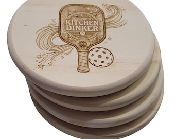 Set of 4 Etched Wood Pickleball Coasters, "Designated Kitchen Dinker"