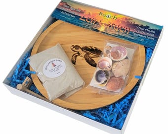 Sea Turtle Zen Garden – Coastal Bamboo Tray, Quartz Sand & Shells