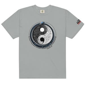 May include: A grey t-shirt featuring a yin yang symbol made of circuit boards. The text "The hardest thing about recursion is termination logic and termination logic." is printed around the symbol.