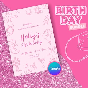 Birthday Bundle Cowgirl Pink Party Template, Canva Editable Invite, Welcome Sign, Drink Menu, Table Cards, Thank You