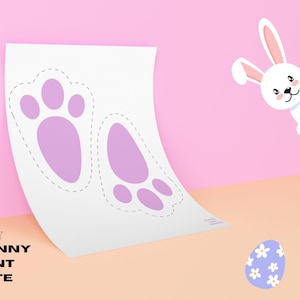 May include: Printable Easter bunny footprint template. The template features two bunny footprints, one with three toes and one with four toes. The footprints are outlined in black and filled with a light purple color. The text "DIY ACTIVITY EASTER BUNNY FOOTPRINT TEMPLATE" is at the bottom of the page.