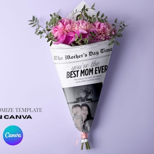 Plantilla de periódico editable para el Día de la Madre, regalo personalizado para el Día de la Madre, tarjeta imprimible para el Día de la Madre, envoltura para ramo de flores, regalo para ella