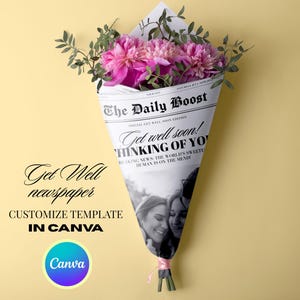Modelo de buquê de jornal com frases de melhoras, editável e imprimível no Canva, presente faça você mesmo para um amigo ou ente querido doente, cartão para download instantâneo