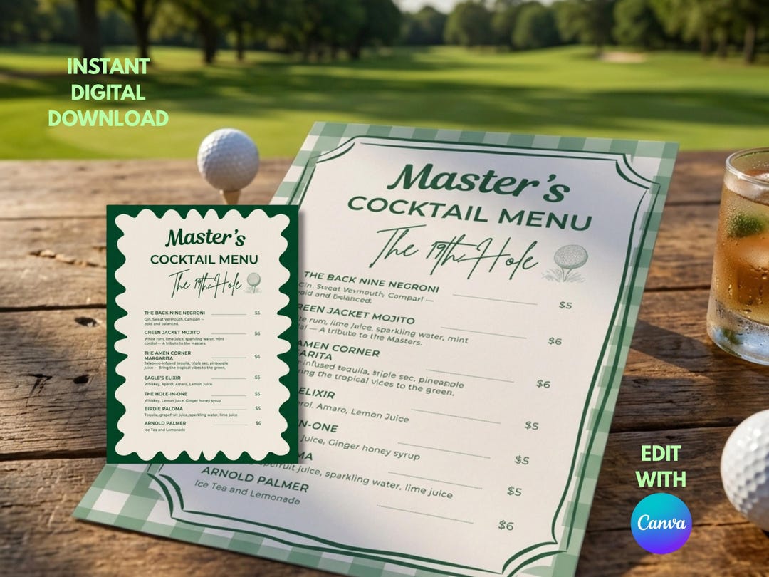 Golf Course Menu Template Editable Golf Masters Drink Menu Template, Golf Party Bar Menu Sign ...