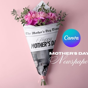 Plantilla editable para envolver ramo de flores de periódico para el Día de la Madre, regalo para el Día de la Madre, tarjeta imprimible para el Día de la Madre, regalo para ella, tarjeta para mamá
