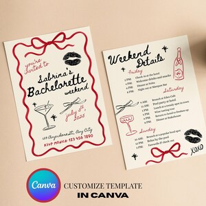 Modello di invito e itinerario per addio al nubilato civettuolo / Design modificabile con nastro rosso su Canva / Invito per il weekend tra ragazze stampabile / Download immediato
