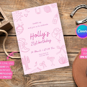 21st Birthday Cowgirl Pink Invitation Template, Howdy Western Party Canva Template, Editable Rodeo Invite, Digital Download