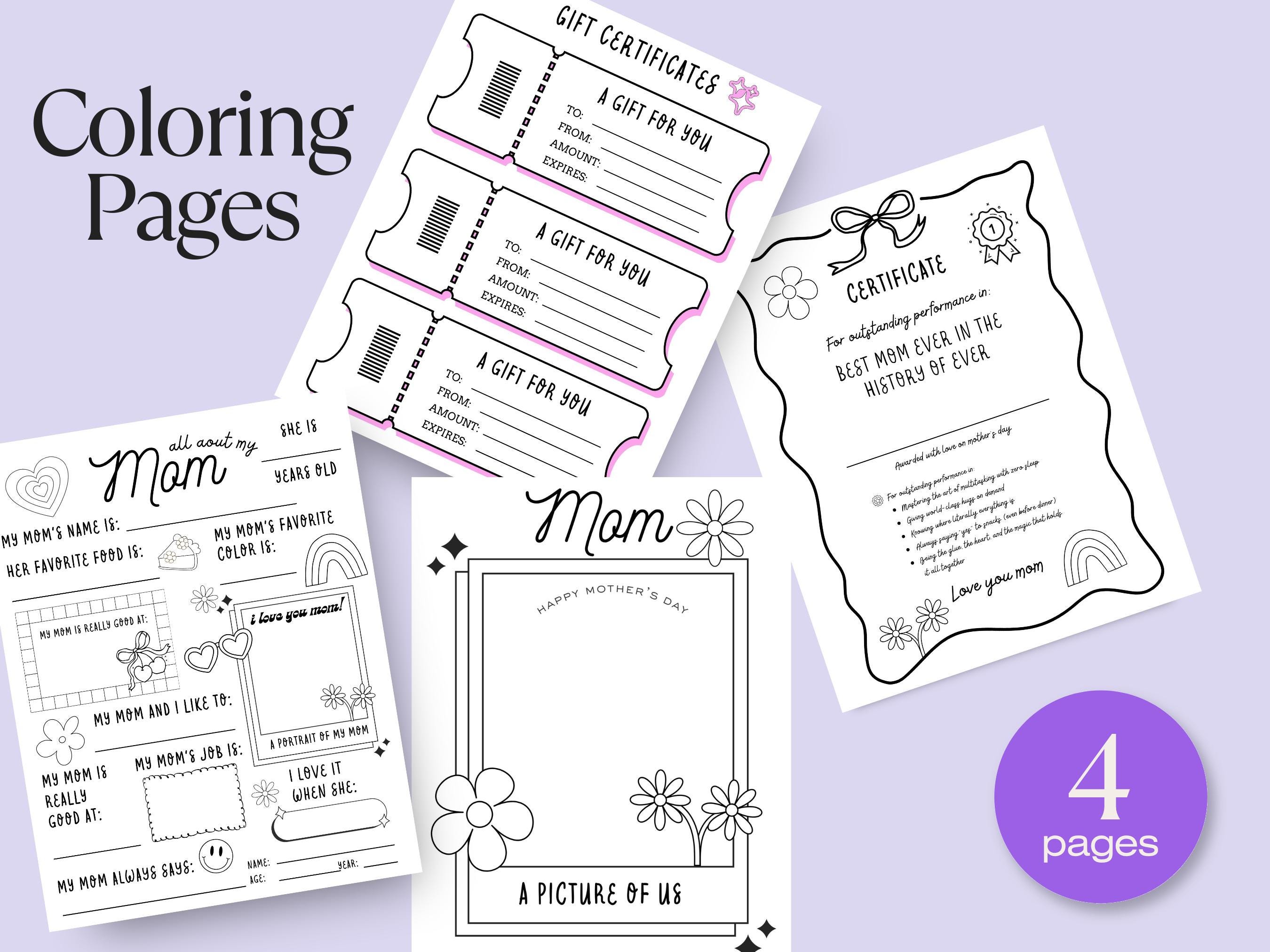 Mothers Day Coloring Page, All About My Mom Worksheet, Mothers Day Gift ...