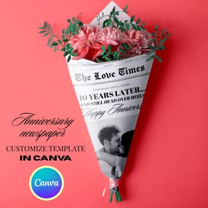 Plantilla de periódico de aniversario, editable e imprimible en Canva, regalo DIY para esposo o esposa, tarjeta de historia de amor personalizada, descarga instantánea