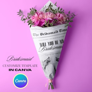 Modelo de jornal para pedido de casamento | Canva editável para impressão | Cartão "Quer ser minha madrinha?" | Convite para festa de casamento faça você mesmo