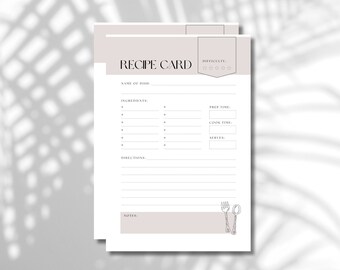 Recipe Cards, Printable Recipe Cards, Digital Recipe Sheets, Minimalist Recipe Cards