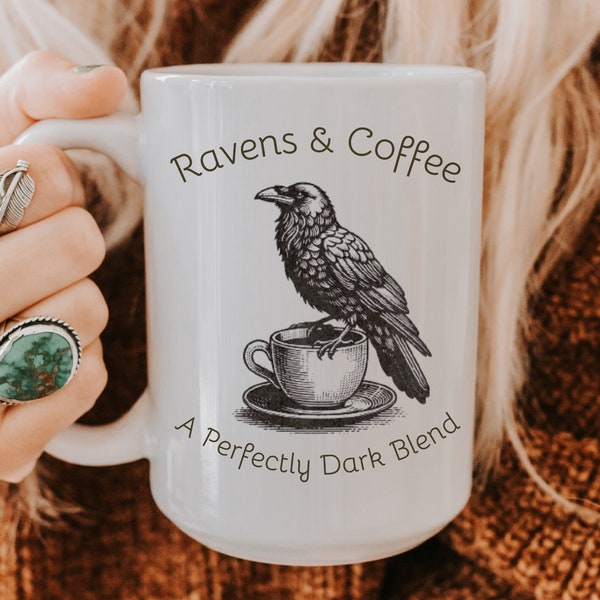 Ravens and Coffee Dark Blend Witchy Aesthetic Mug, Dark Academia, Goblincore, Occult, Witch, Wiccan, Dark Cottagecore Tea Cup Gift for Her