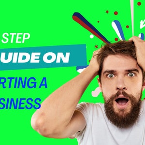 Könnte beinhalten: Ein Mann mit Bart sieht gestresst und überfordert aus. Er reißt sich mit beiden Händen an den Haaren. Der Text "STEP BY STEP GUIDE ON STARTING A BUSINESS" wird in blau und weiß auf grünem Hintergrund angezeigt.