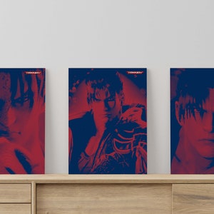 Può includere: Tre poster incorniciati con uno schema di colori rosso e blu che presentano un personaggio del videogioco Tekken. Il viso del personaggio è al centro di ogni poster. Il testo "TEKKEN" è nell'angolo in alto a destra di ogni poster.