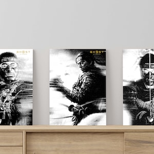 May include: Three black and white posters with a stylized image of a person wearing a mask and holding a weapon. The text "GHOST" is in gold lettering at the top of each poster.