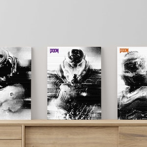 May include: Three black and white posters with the word "DOOM" in a red box at the top. Each poster features a different image of a video game character wearing a helmet and armour. The images are distorted with a glitch effect.
