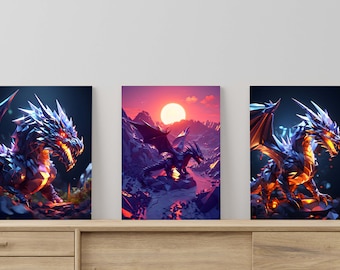 Dragon Low Poly Art Poster Set: Minimalist Home Decor (Digital Download)