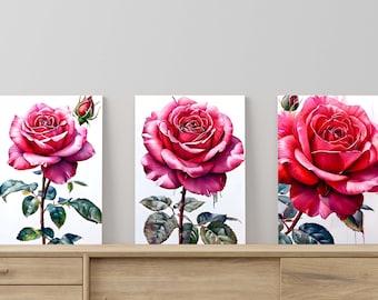 紫のバラのミニマリスト水彩画ウォールアートプリント3枚セット