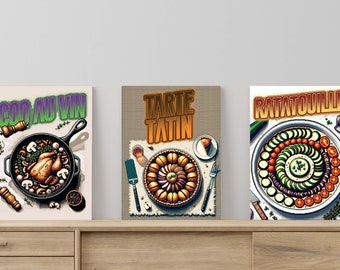 French Dishes Pixel Art Poster Set: Retro Gaming Room Decor (Digital Download)