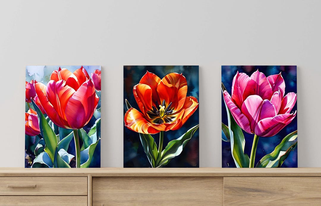 Tulip Watercolor Painting Art Poster Set of 3, Wall Art, Tulip Flower ...