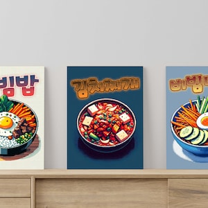 South Korean Dishes Pixel Art Poster set of 3, Gaming Room Wall Art, South Korean Dishes Poster for minimalist Home Decor | digital download