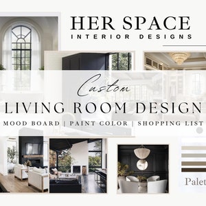 May include: Mood board for a bespoke living room design featuring a black and white colour palette. The mood board includes images of a living room with a fireplace, a dining room with a chandelier, and a window with a view of a forest. The colour palette includes shades of grey, beige, and brown.