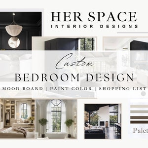May include: Mood board for a bedroom design featuring a black, white and grey colour palette. The board includes images of a bedroom with a large walk-in wardrobe, a bathroom with a freestanding bath, and a living room with a fireplace. The text "Custom Bedroom Design" is written in cursive.