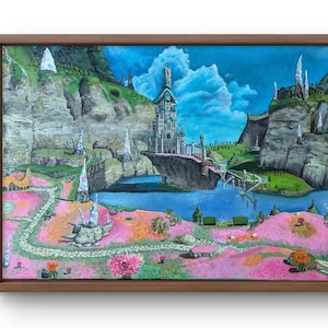 May include: A painting of a fantasy landscape with a large, pink and blue castle on a cliff overlooking a lake. The lake is surrounded by green hills and pink flowers. The sky is blue with white clouds.