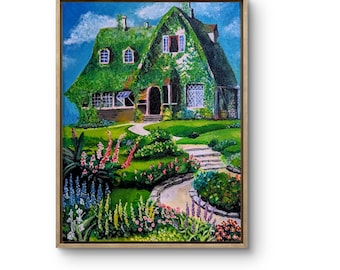 May include: A painting of a green house with a lush garden. The house has a thatched roof and is covered in vines. The garden has a winding path leading to the house, and is filled with flowers in shades of pink, purple, and yellow.