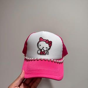 Kawaii Hot Pink Trucker Hat with Angel Cat Patch & Beaded Bow Accent