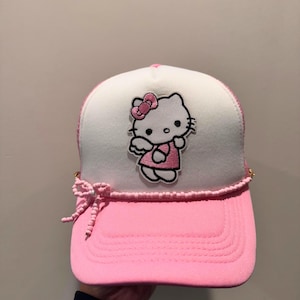 Kawaii Pink Trucker Hat with Angel Cat Patch & Beaded Bow Accent