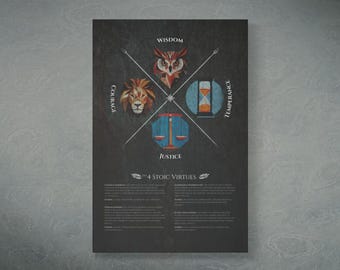 Stoic Virtues Canvas | 4 Stoic Virtues: Wisdom, Courage, Justice, Temperance | Stoicism | Motivational Canvas | Stoic Wall Art