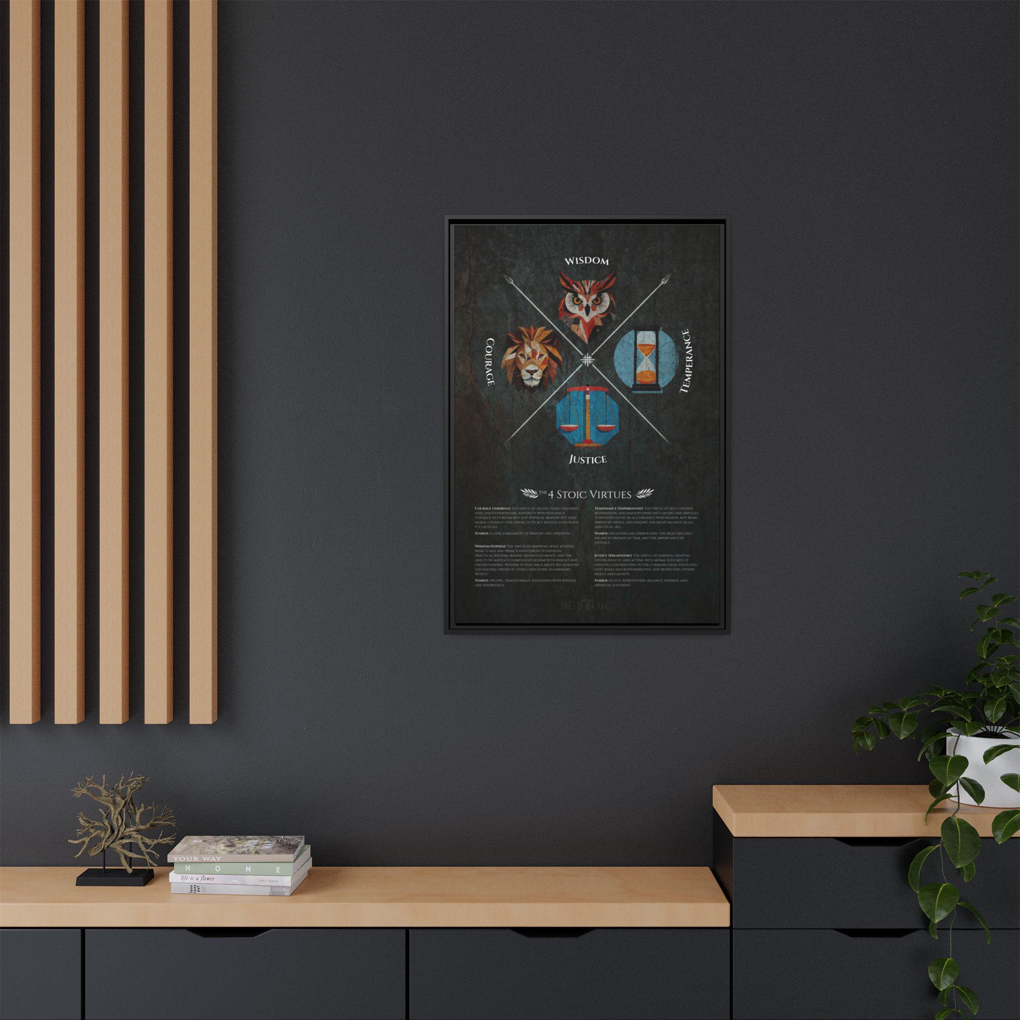 Framed Stoic Virtues Canvas | 4 Stoic Virtues: Wisdom, Courage, Justice, Temperance | Stoicism | Motivational Canvas | Philosophy Wall Art