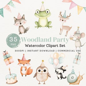 Schattig bos verjaardagsfeestje aquarel clipart bundel, grillige bos viering illustraties, schattige kinderkamer graphics, instant png