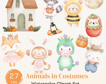 Woodland Halloween Clipart Bundle: Watercolor Animal PNG, Commercial Use (Digital Download