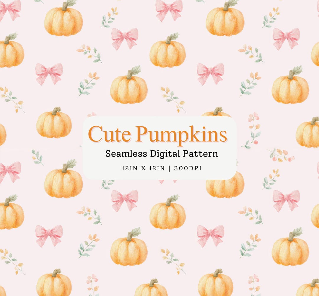 Watercolor Cute Pumpkin & Ribbon Seamless Digital Pattern, Pink Fall ...