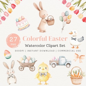 Bundle de cliparts aquarelle Pâques pastel mignon, Invitation imprimable printanière floral coloré, adorable lapin, poussin, téléchargement immédiat PNG